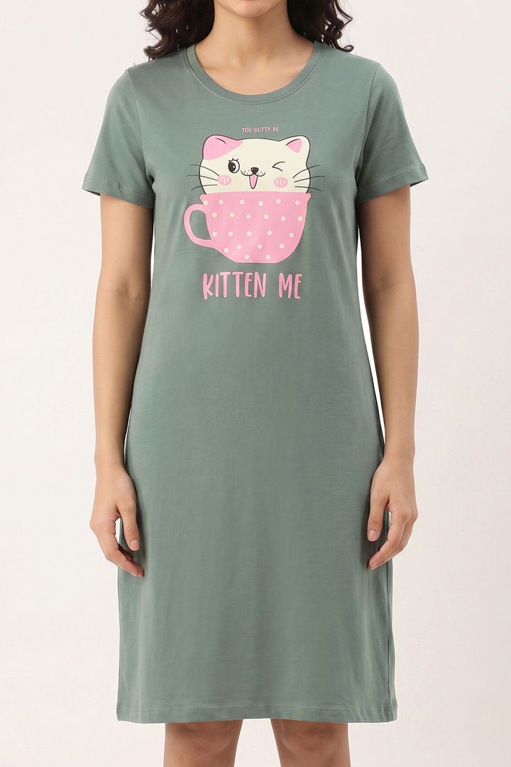 Zivame Farm Lore Knit Cotton Knee Length Nightdress - Iceberg Green — image 5